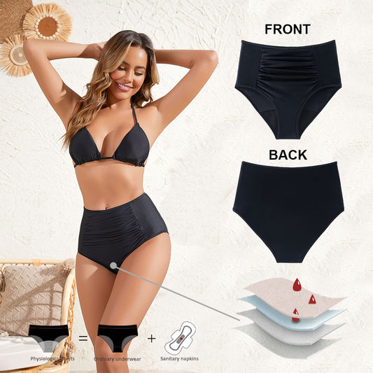Calções de banho de cintura alta com cobertura abdominal, quatro camadas de calcinhas menstruais, absorventes higiênicos à prova de vazamentos, calcinhas menstruais